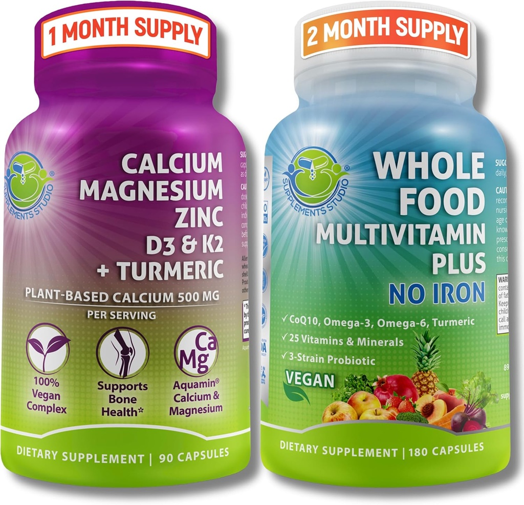 COMPLÉMENTS STUDIO Ensemble quotidien de soutien immunitaire, os et énergie pour les hommes et les femmes – Multivitamine alimentaire entière végétalienne sans fer et magnésium de calcium à base végétale avec D3, K2 & Turmeric – végétalien, non-OGM