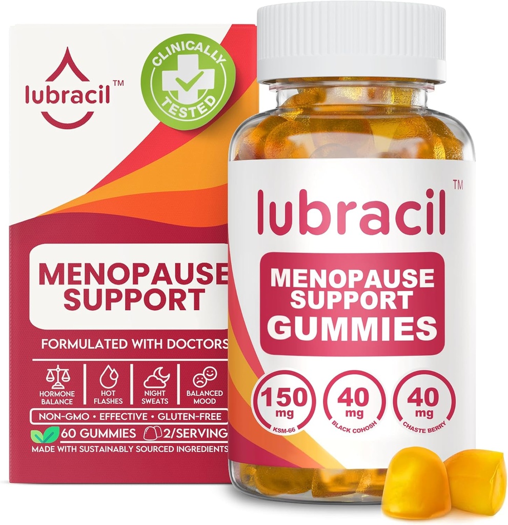 Lubracil Ménopause Gommies pour femmes - Suppléments ménopausés pour flashs chauds, sueurs de nuit, échandises d'humeur et équilibre hormonal - Vitamines quotidiennes avec coho noir et ashwagandha - 60 Gommies (paquet de 1)
