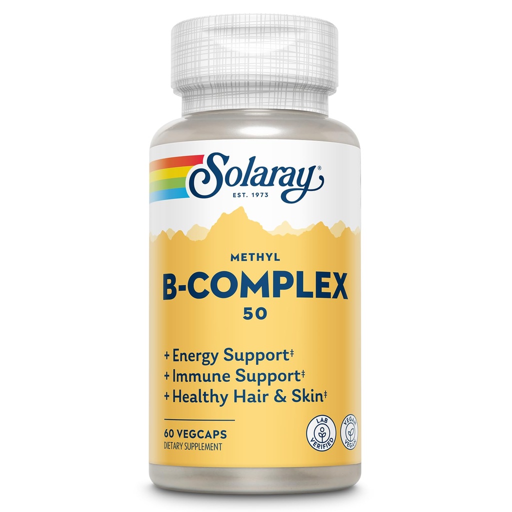 Complexe SOLARAY Méthyl B 50mg - Complexe de vitamine B avec vitamine B12, B6, B1, acide folique, biotine et plus - Suppléments d'énergie cellulaire, soutien de la fonction nerveuse - Vegan, garantie de 60 jours, 60 portions