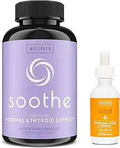 WellPath Bundle de Soothe Thyroïde Support & Hormone Balance pour les femmes + gouttes de curcumine liposomale liquide vital