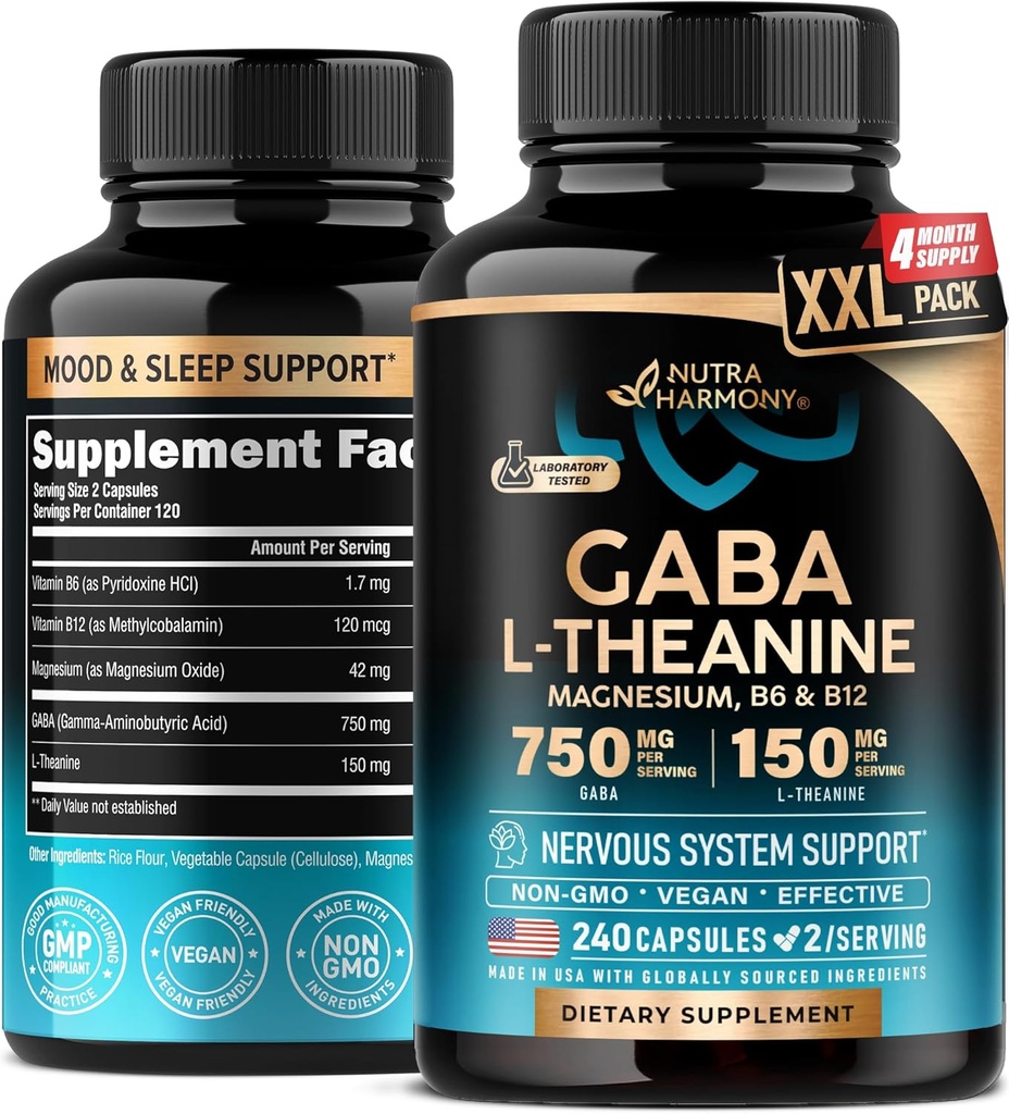 GABA L-Theanine 900 mg - Fabriqué aux États-Unis - Magnésium - Vitamine B6 - Calme, Sommeil, Relaxation et Support de l'humeur - 750 mg Gamma AminoAcide butyrique, 150 mg L-Theanine - Forme non-habitante, Vegan - 240 Capsules