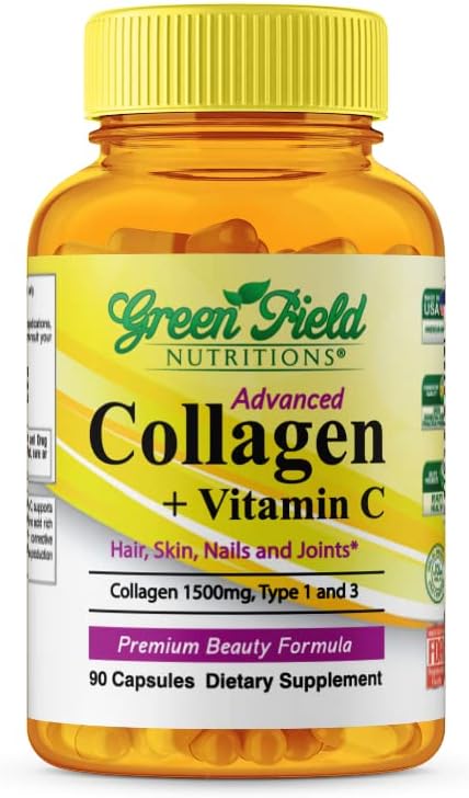 Greenfield Nutritions - Peptides de collagène halal 1500 mg de type I & III, avec la vitamine C 300 mg pour une meilleure absorption, formule anti-âge halal pour les ongles et articulations de peau de cheveux, vitamines halales 90 Capsules