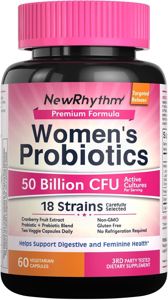 NewRhythm Women's Probiotics, Cranberry biologique pour la santé vaginale des femmes, 50 milliards CFU 18 souches, probiotiques et prébiotiques, soutien santé digestive, 60 capsules végétaliennes