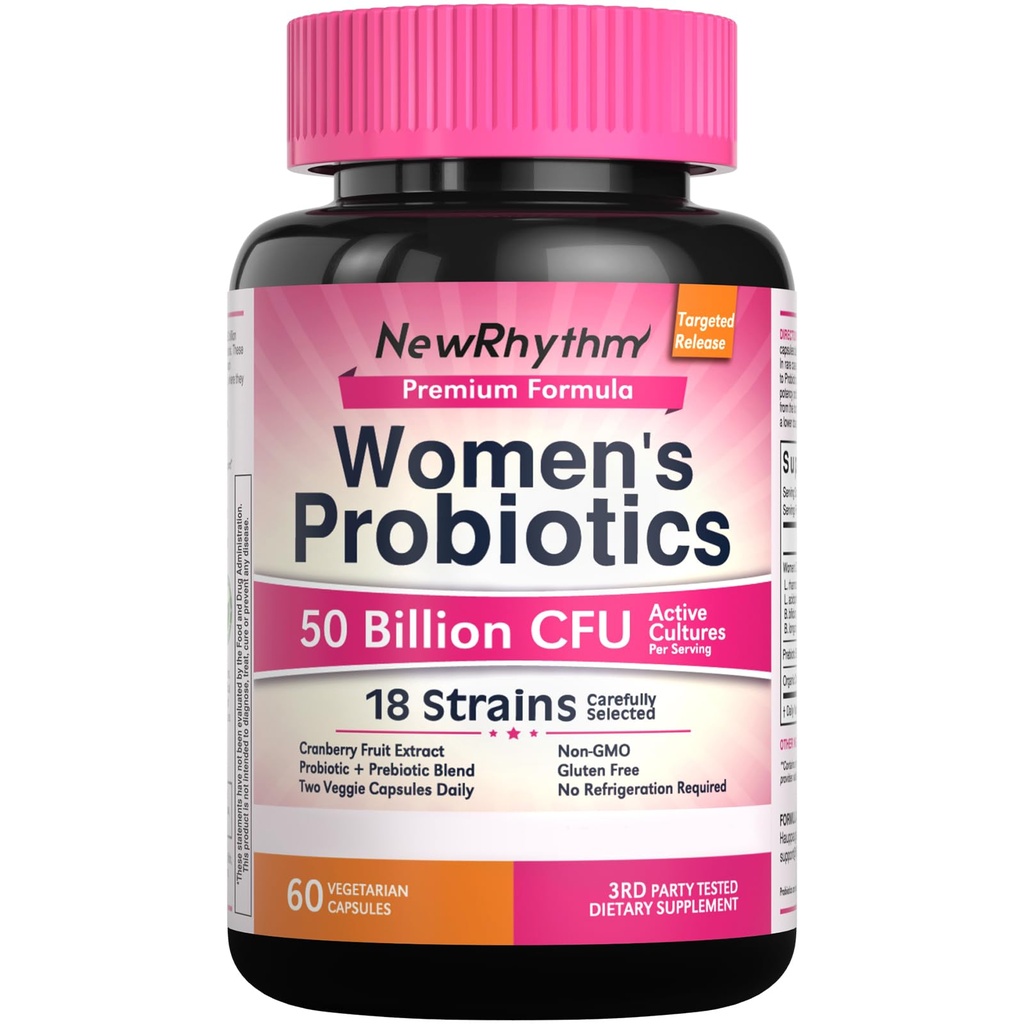 NewRhythm Women's Probiotics, Cranberry biologique pour la santé vaginale des femmes, 50 milliards CFU 18 souches, probiotiques et prébiotiques, soutien santé digestive, 60 capsules végétaliennes