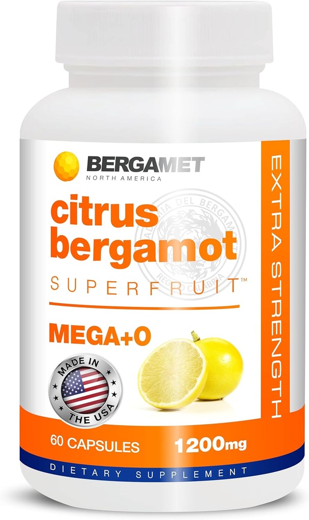 BergaMet Citrus Bergamot Supplément, 170:1 Extrait, 1200mg, 80% Polyphénols, Italien Citrus Bergamot Supplément pour le cholestérol élevé, 60 Capsules, 1 Mois, Fabriqué aux États-Unis