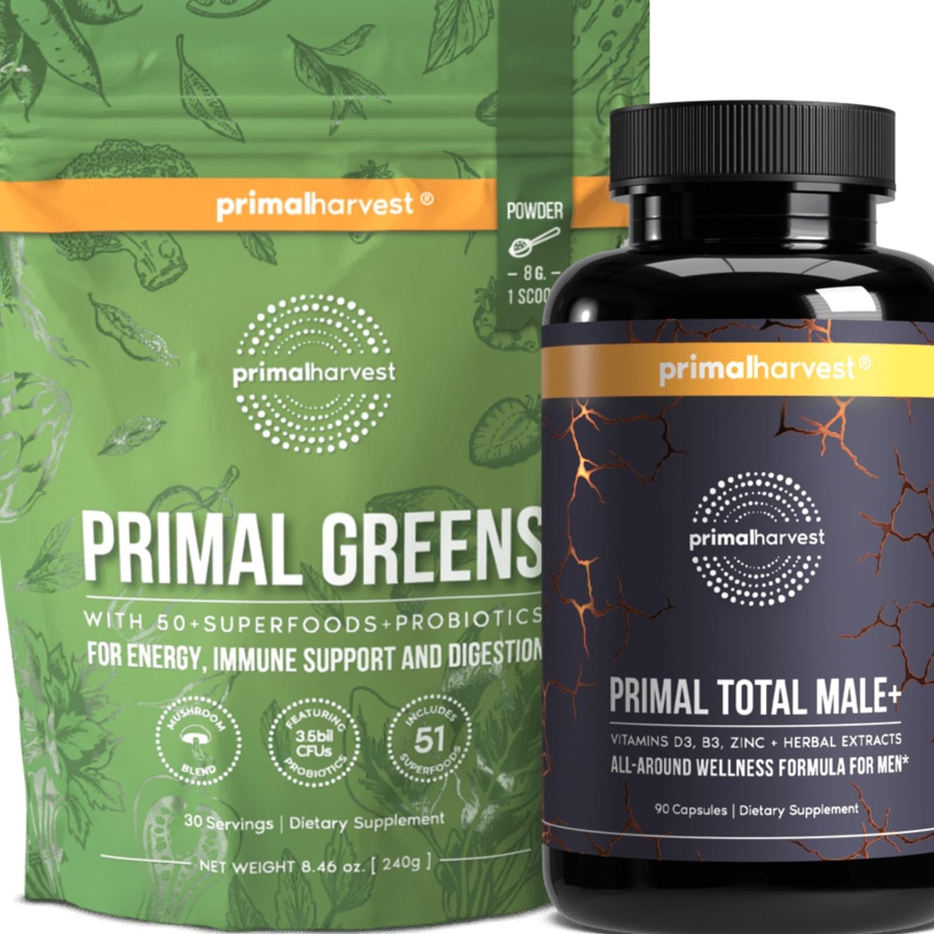 Primal Récolte Primal Total Male+ & Primal Greens Multivitamine et supplément nutritionnel pour hommes avec Ginseng, Vitamines D et B, zinc, probiotiques et plus, sans gluten et sans lait
