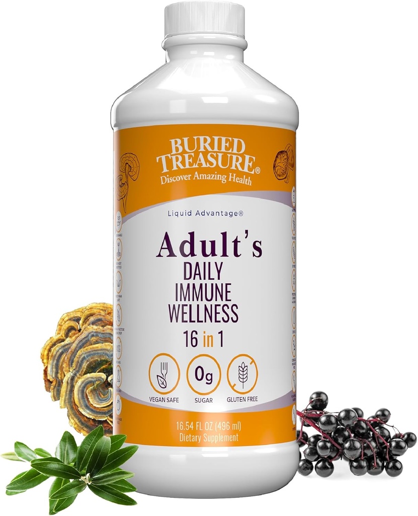Trésor enseveli Adulte quotidien Immune Wellness - 16 Fl oz, 16 serv, Mélange d'éléments nutritifs liquides pour le soutien immunitaire avec Elderberry, Echinacea, Vitamines et plus
