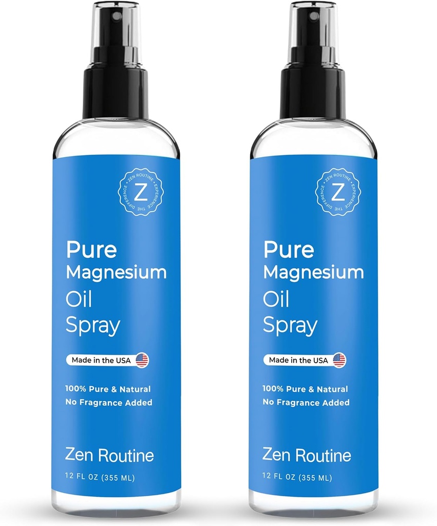 Spray d'huile de magnésium pur 12oz (2 pack) – Spray de magnésium biologique USP, Glycinat de magnésium topique, huile de magnésium pour pieds, corps, muscles et crampes de jambes – Fabriqué aux États-Unis