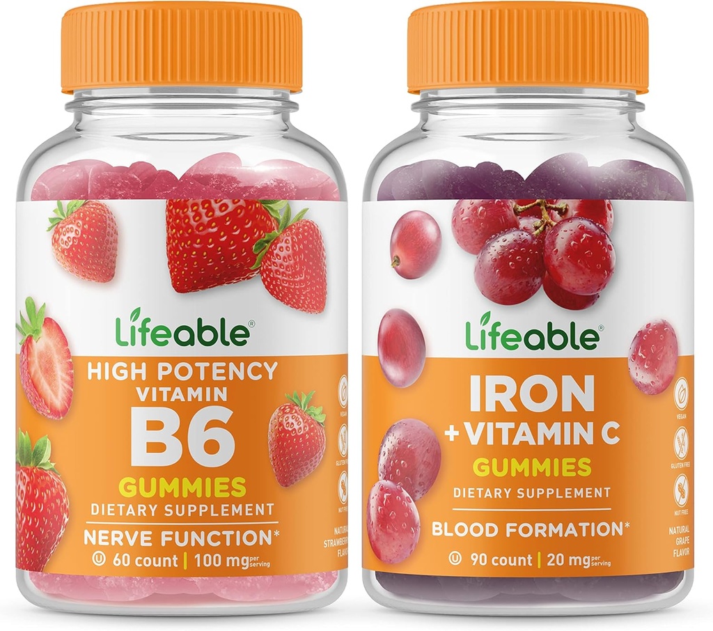 Lifeable Vitamin B6 + Iron with Vitamin C, Gummies Bundle - Great Tasting, Vitamin Supplement, Gluten Free, GMO Free, Chewable