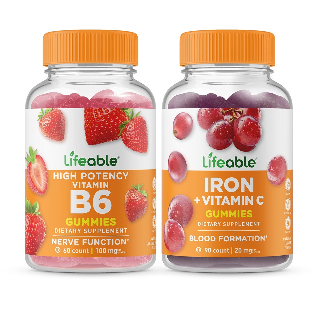 Vitamine vivante B6 + Fer avec vitamine C, Gommies - Grande dégustation, supplément de vitamine, sans gluten, sans OGM, à croquer