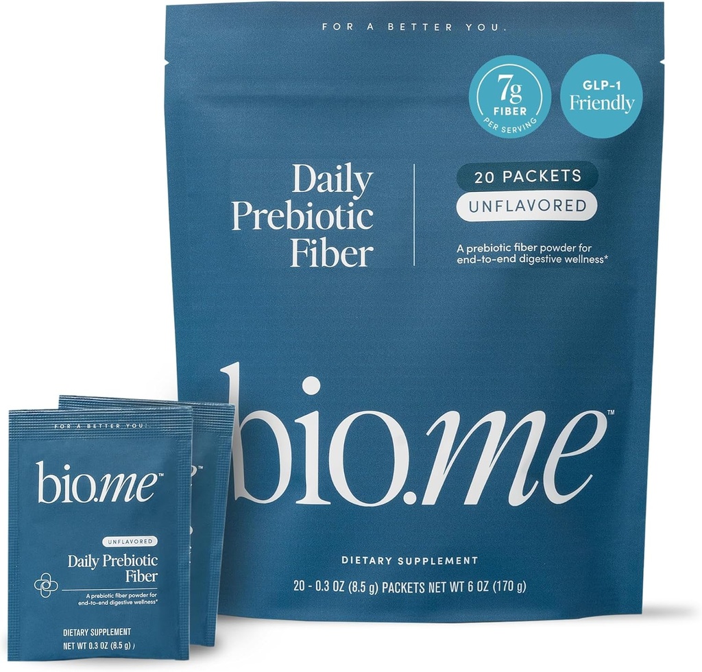 Bio.me Poudre quotidienne de fibre prébiotique non aromatisée - 20 packs de voyage, 7g par portion - Supplément de fibre soluble et soluble pour les femmes et les hommes - Santé digestive et santé de la gueule - BPL-1 amical, sans sucre