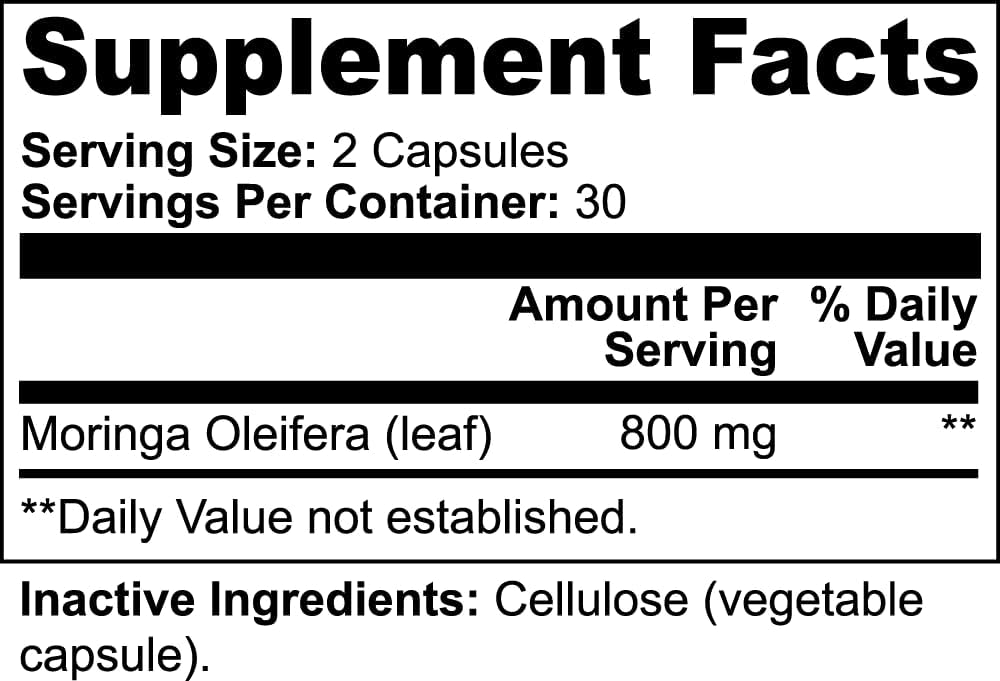 Moringa Capsules de poudre - 800mg de poudre de Moringa pur nutrient-Rich - Un superaliment antioxydant vert naturel - Riche en vitamines essentielles et acides aminés pour le bien-être général