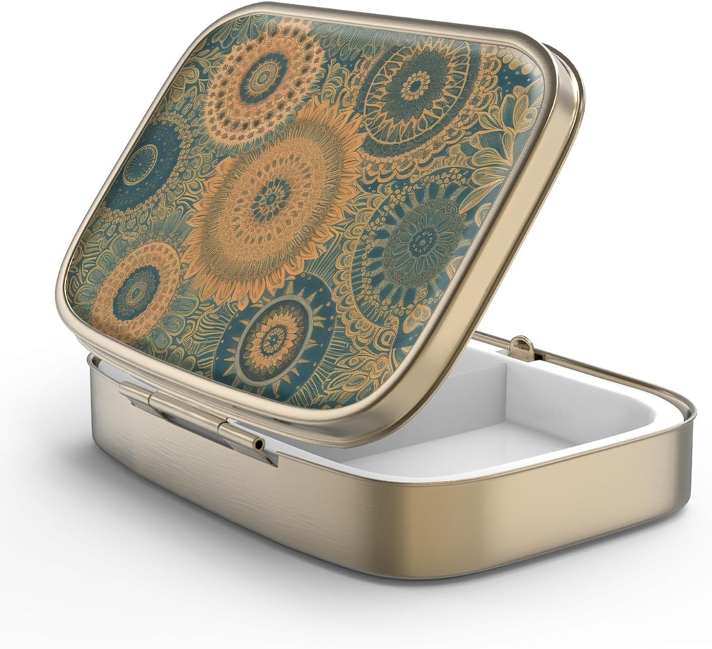 Pill Case Pill Box with Mirror Retro 2 Compartiment Petite Pill Case for Purse or Pocket Bronze Rectangulaire Pill Box or Vitamines, Huile de poisson, Suppléments, Pill Containe Travel Gifts (Retro Mandala)