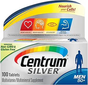 Multivitamine d'argent centrum pour les hommes 50 Plus, supplément multivitamine/multiminérale avec vitamine D3, vitamine B et zinc, sans gluten, ingrédients non OGM - 100 Compte