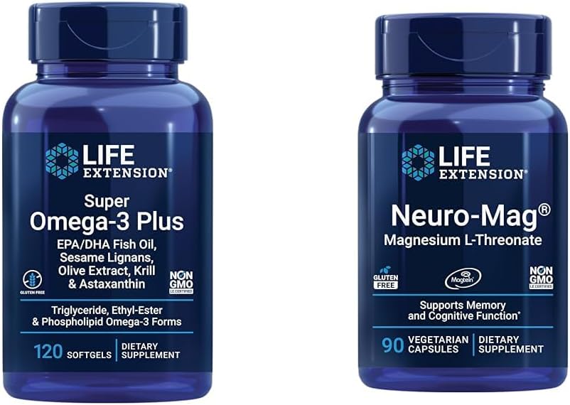 Extension de vie Super Omega-3 Plus EPA/DHA Huile de poisson, sésame Lignans & Neuro-mag Magnésium L-thréonate