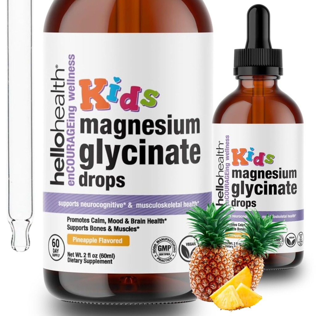 Enfants Glycinat de magnésium gouttes liquides – sans sucre gouttes de magnésium liquide, Happy Calm for Kids Complexe de supplément calmant – Magnésium pour les enfants et sommeil nocturne, ananas Saveur 2 Fl Oz.