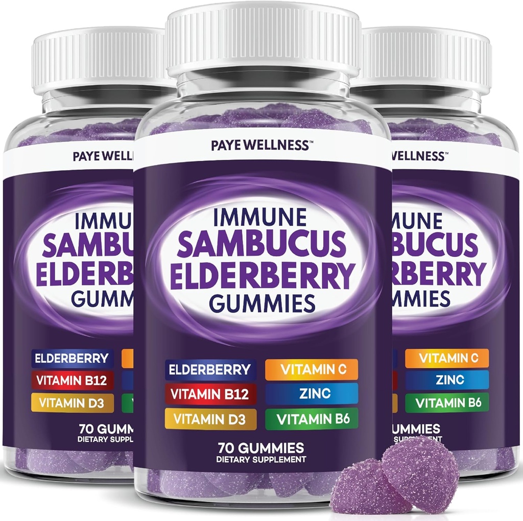 Gummies de la baie aînée Soutien immunitaire, soutien quotidien pour les enfants et les adultes*, avec Sambucus Elderberry, zinc, vitamine C, D3, B6, B12, Plus - Supplément alimentaire - 210 Compte