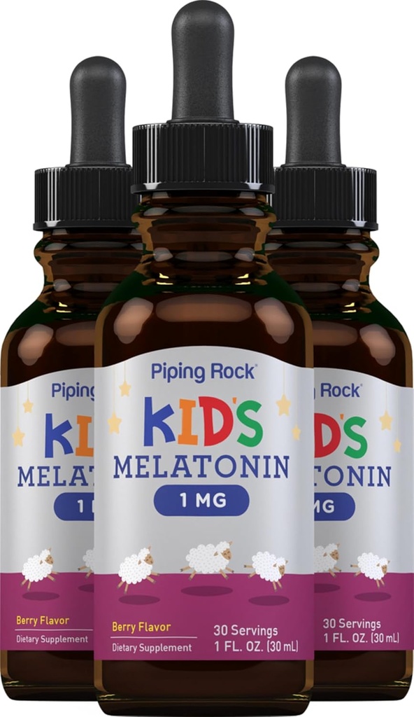 Piping Rock Kids Melatonine Liquid 1 fl oz. 1mg. Pack de 3 bouteilles.