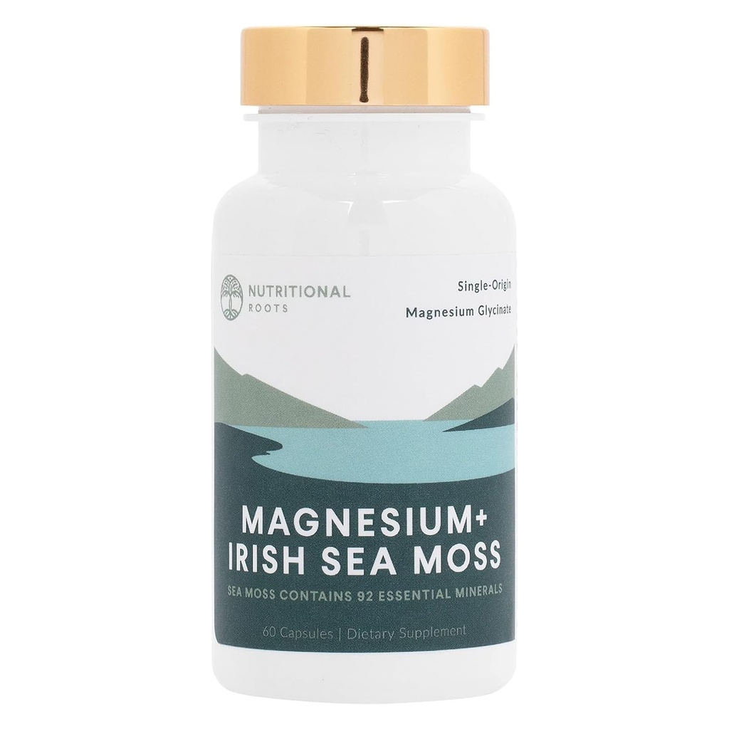 Racines nutritionnelles - Magnésium + mousse de mer d'Irlande - 350 mg Magnésium Glycinate et mousse de mer d'Irlande biologique - minéraux essentiels - soutient la santé du coeur et des os - supplément alimentaire - 30 portions - 60 capsules