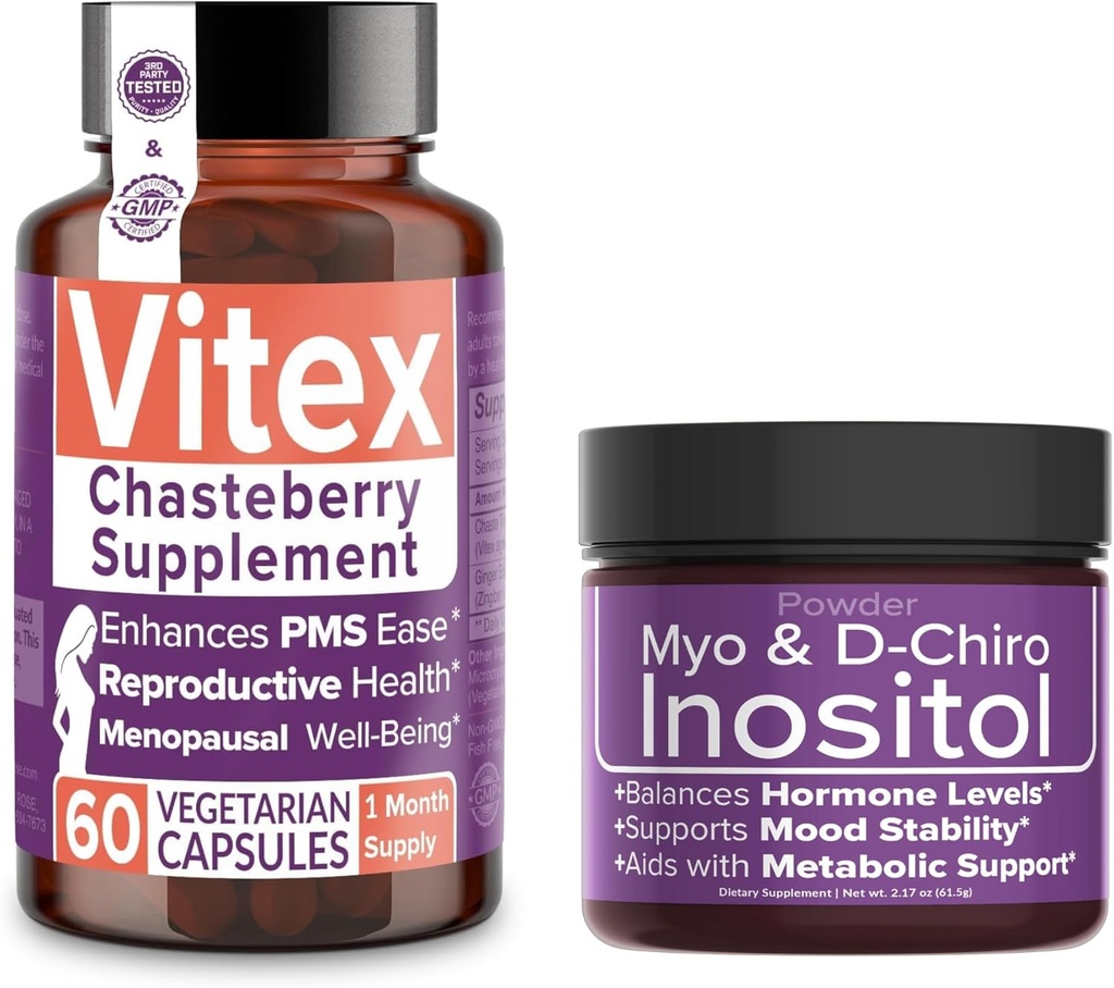Rose intime Économisez 10% sur l'équilibre hormonal et le bien-être de la reproduction – Supplément de Chasteberry de Vitex + Poudre d'inositol de Myo & D-Chiro pour PCOS et soutien menstruel
