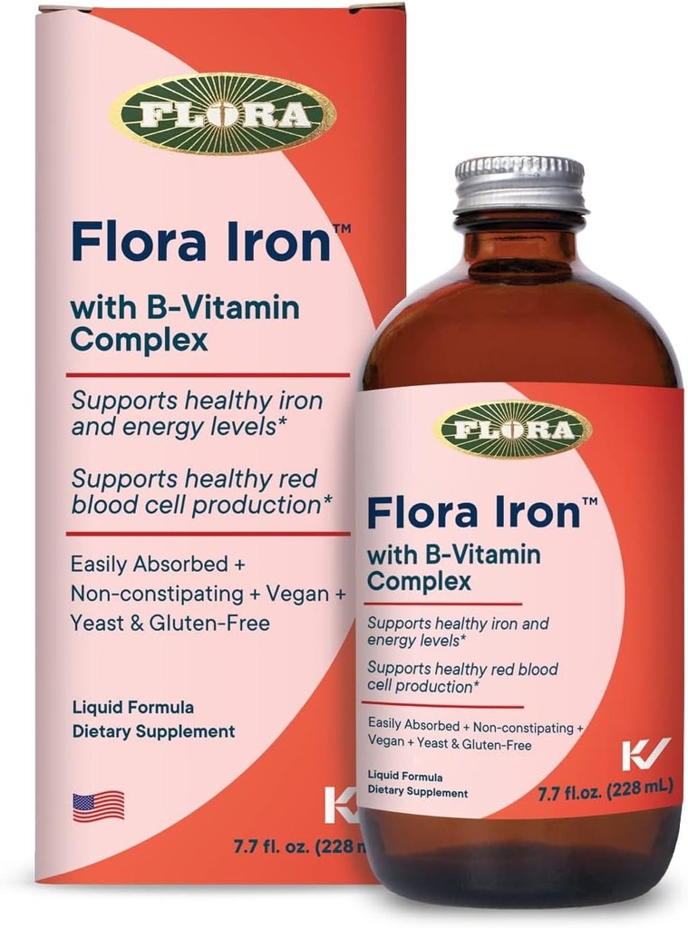 Flora Iron - Vegan Liquid Iron Supplement with B Vitamins - Offers Red Blood Cell & Energy Support - Yeast-Free & Gluten-Free - Delicious Fruit Juice Base - 7.7 fl. oz. Glass Bottle