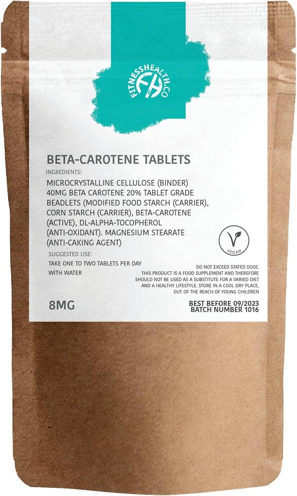 Santé de la condition physique Beta-Carotène 8MG 120 Comprimés - Source pure de vitamine A - Système sain de peau et résistant - Accélérateur de tannage - Sans gluten et sans OGM