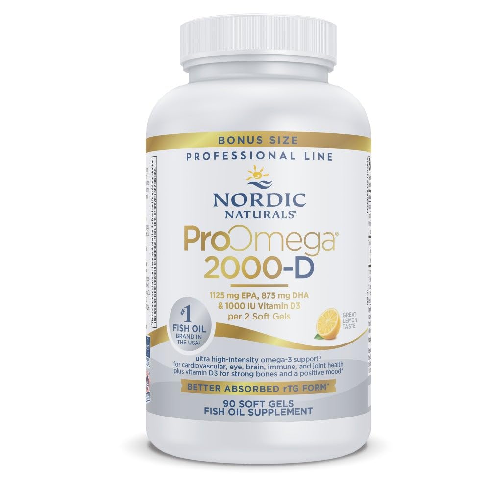 Nordic Naturals ProOmega 2000-D, Lemon Flavor - 90 gels mous - 2150 mg Oméga-3 + 1000 UI D3 - Huile de poisson ultra-haute puissance - EPA et DHA - Santé du cerveau, du coeur et de l'ignune - Non-OGM - 45 portions
