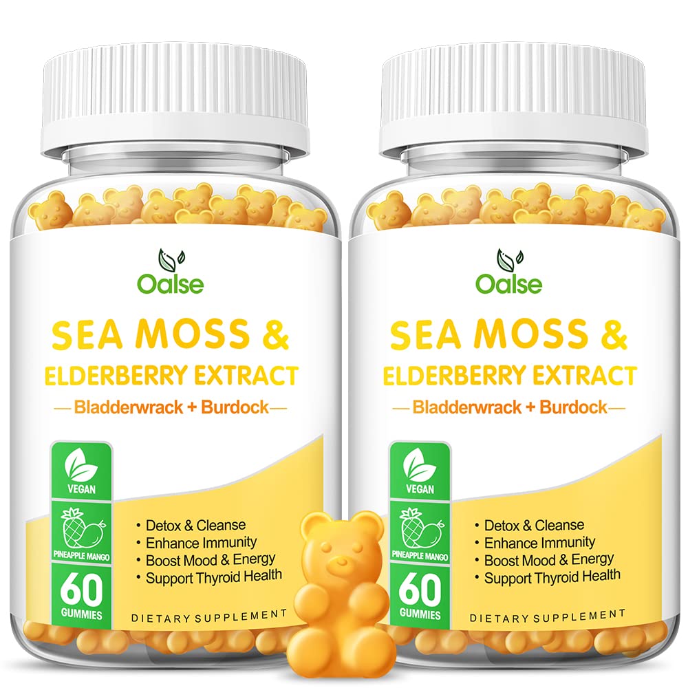 Gummies de mousse de mer pour les adultes et les enfants, 2000mg Seamoss cru, Bladderwrack, root de Burdock, Elderberry, poivre, vitamine C et D3, Zinc soutient le système immunitaire et Boost Energy (2-Pack)