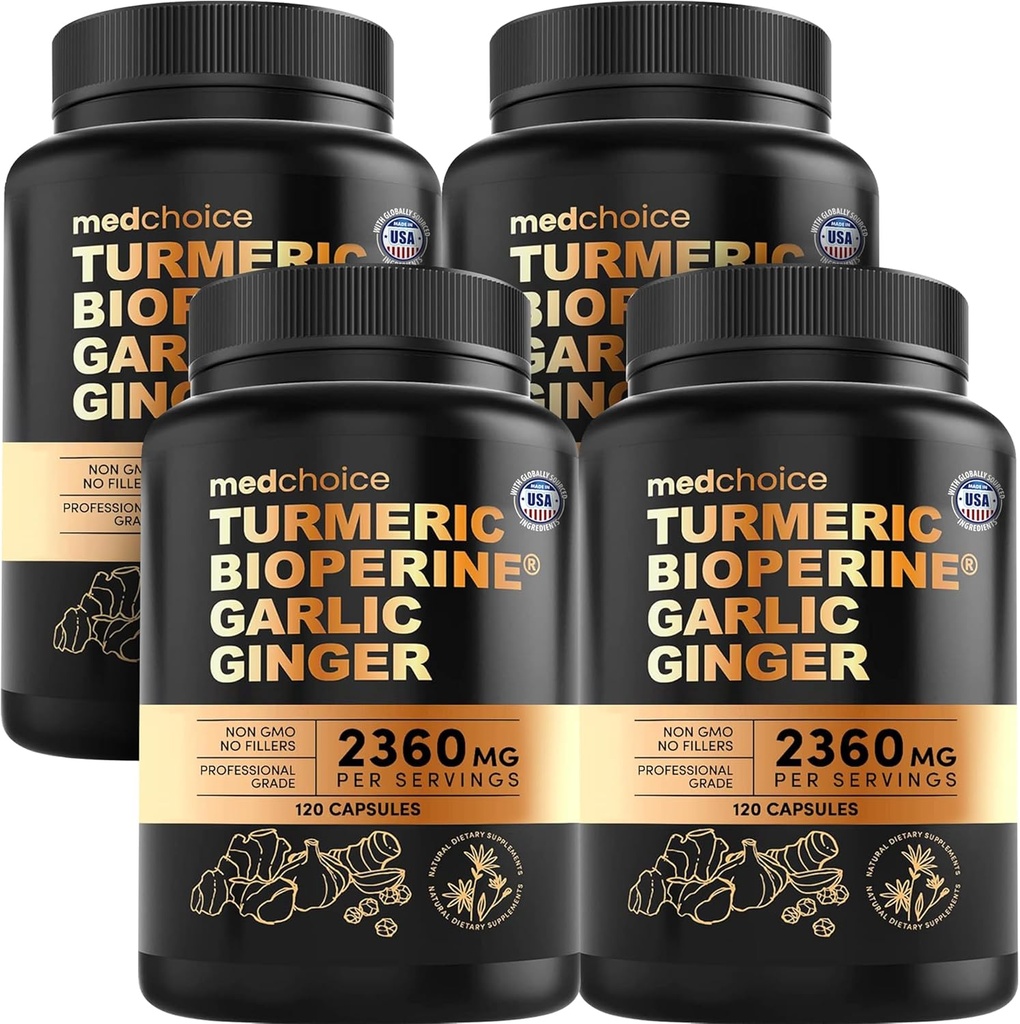 4-en-1 Suppléments de curcuma et d'ail avec BioPerine – 2360mg Capsules de racine de gingembre de curcuma avec de l'ail – Mélange à base de plantes à haute puissance (120 ct, boîte de 4)
