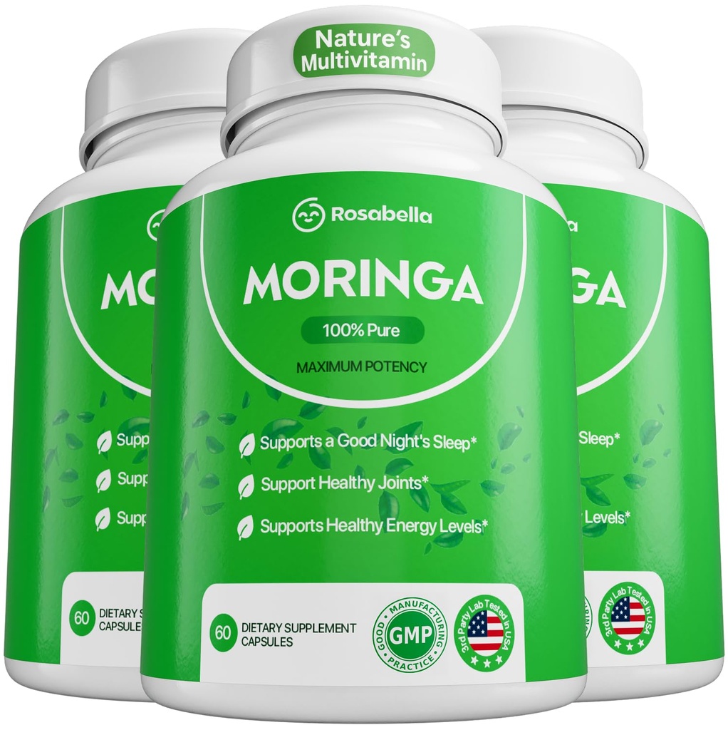 Rosabella Moringa Capsules - Pure Moringa Powder, Energy, Skin, Immune & Gut Health Superfood, Rich in Antioxidants, Essential Vitamins & Amino Acids, Natural Green Superfood Supplement - 180 Count