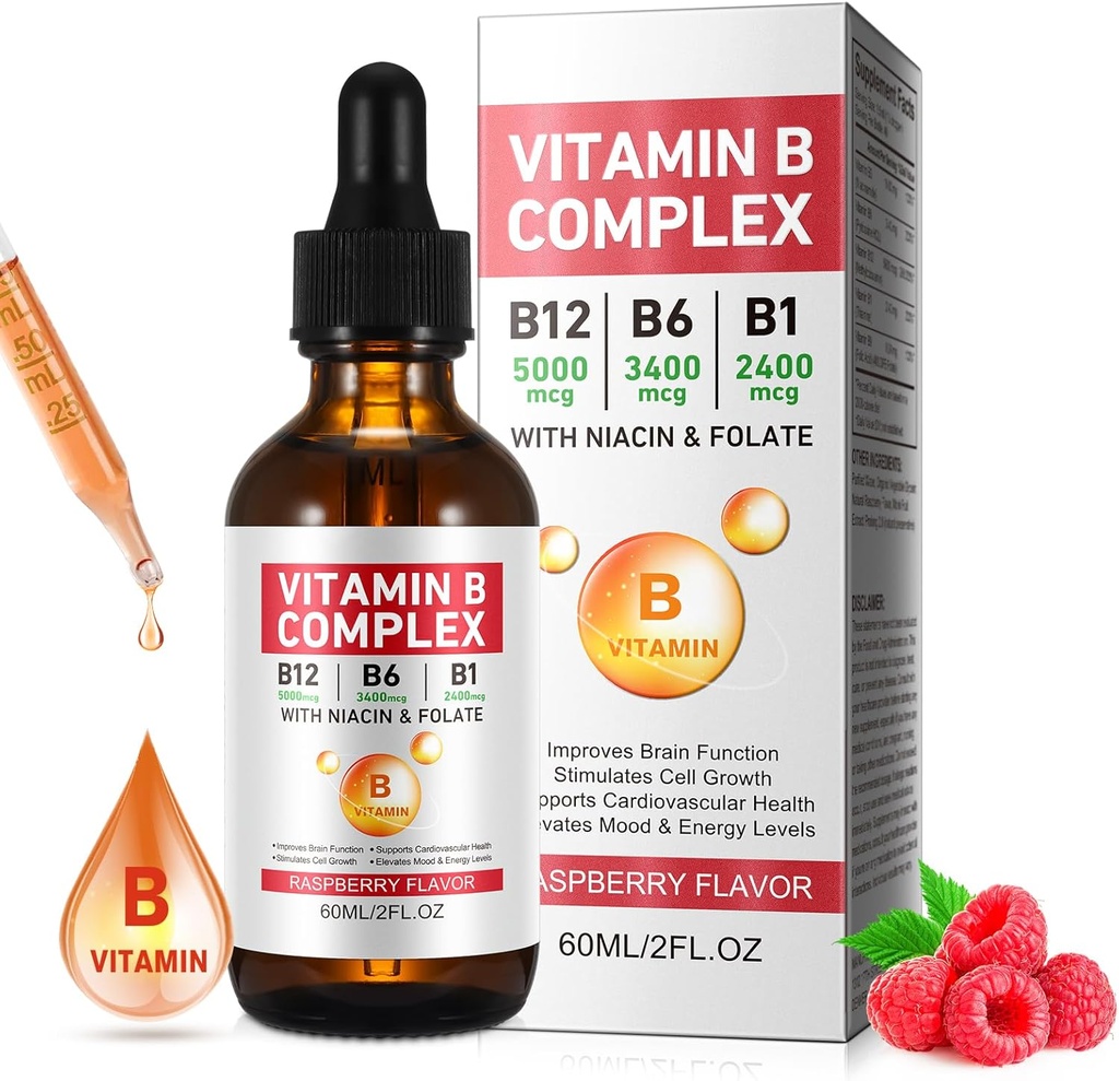 Vitamin B Complex Liquid, Vegan Vitamin B12 Liquid Drops | B12 Methylcobalamin | B1 Thiamine | B6 Pyridoxine | Folic | Niacin - B Complex Liquid Drops, Support Energy, Brain & Heart, 40 Servings