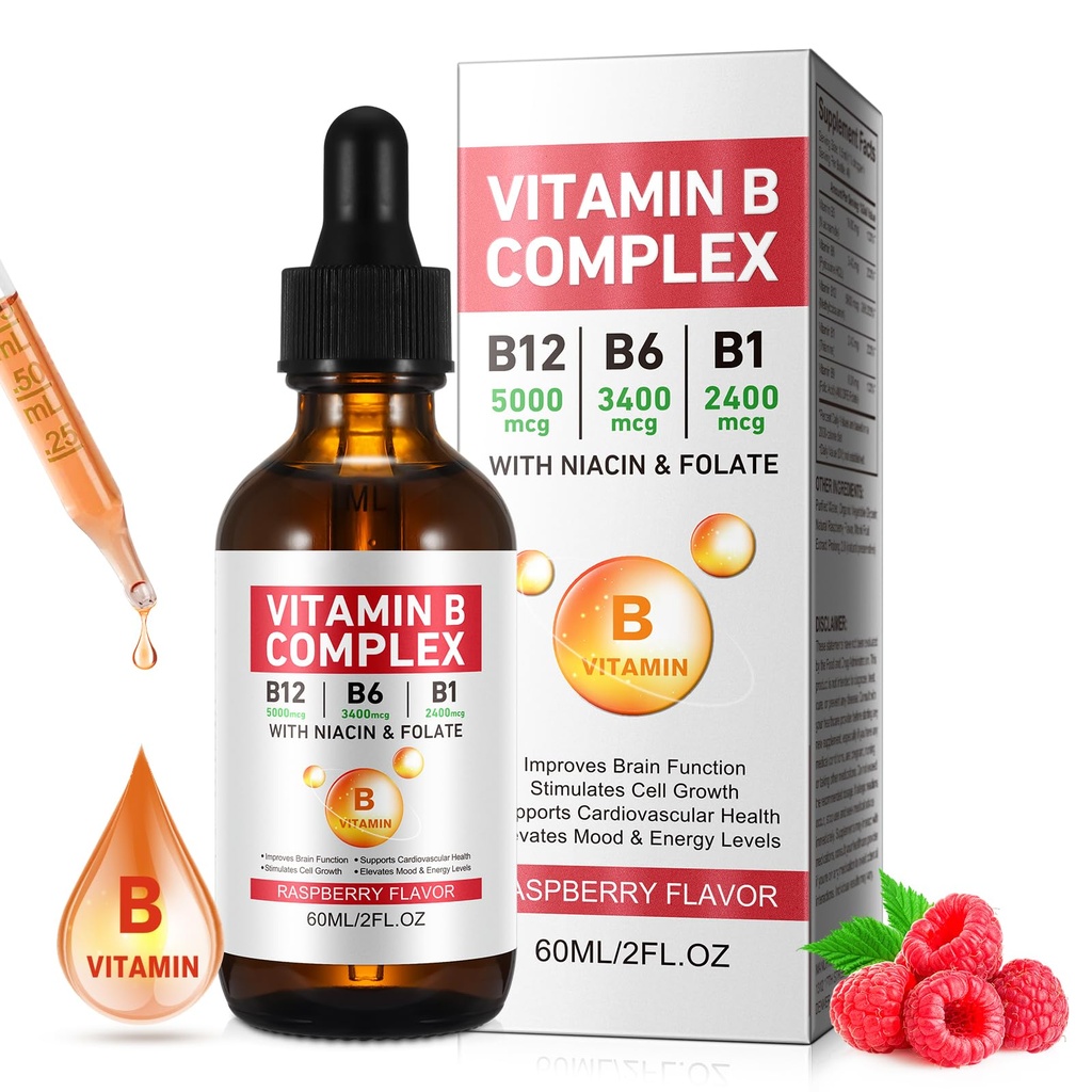 Vitamine B complexe liquide, Vitamine végétalienne B12 gouttes liquides de B12 méthylcobalamine de B1 Thiamine de B6 pyridoxine de B6 Folic de Niacine - B gouttes liquides complexes, soutien énergie, cerveau et cœur, 40 portions