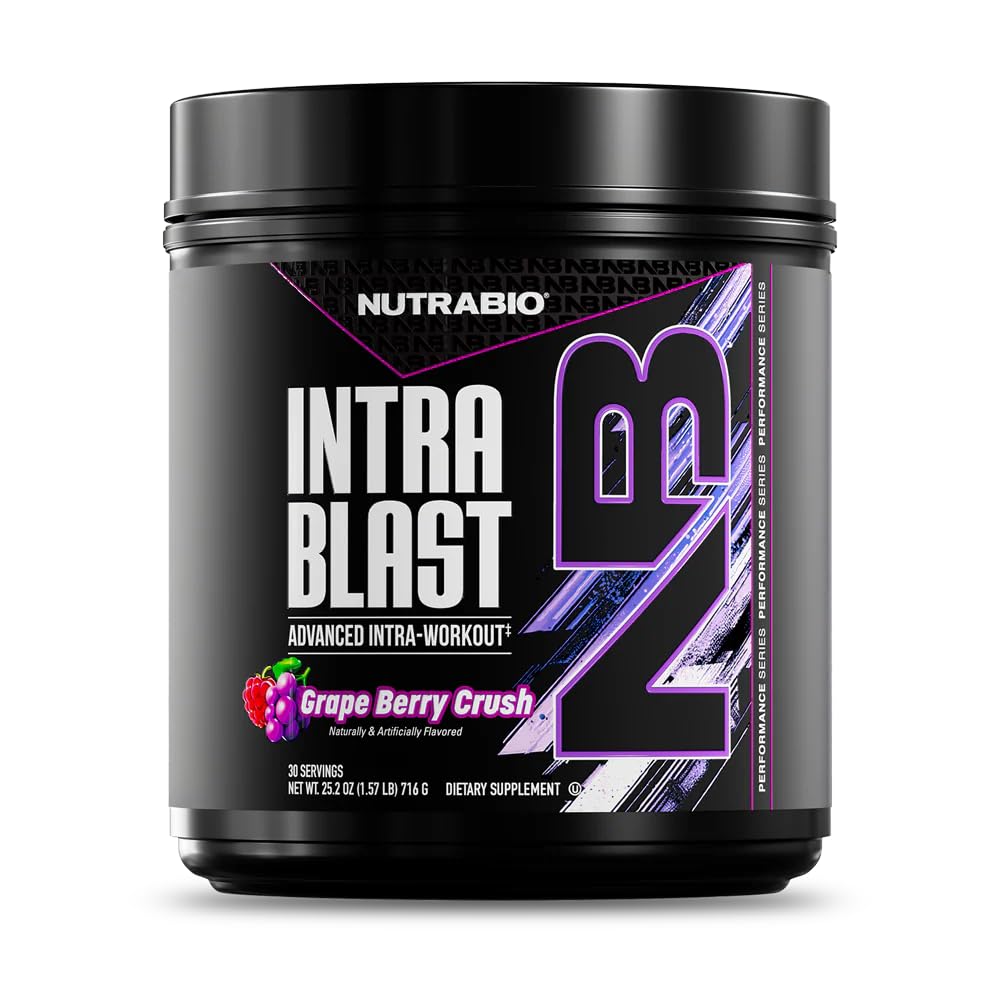NutraBio Intra Blast Bcaa poudre de supplément d'acide amino, électrolyte et mélange d'hydratation, intra, pré-entraînement et récupération musculaire, 20g Eaa Amino acides poudre, 5g Glutamine- Crush de raisins, 30 portions