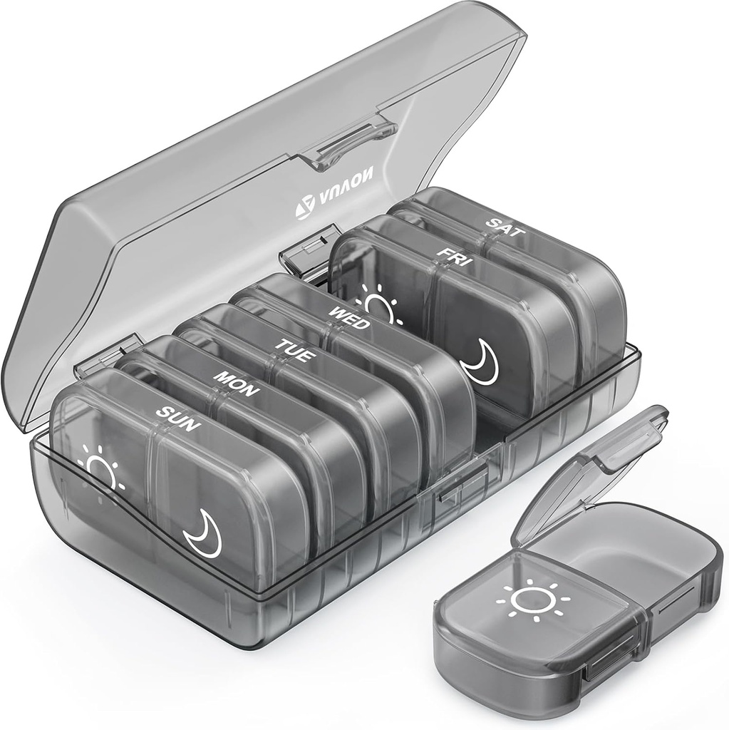 AUVON XL Organisateur de pilules hebdomadaires 2 fois par jour, boîte à pilules 7 jours avec des grandes ouvertures simples pour une utilisation facile, boîte à pilules gris AM PM pour médicaments, vitamines, huiles de poisson, suppléments