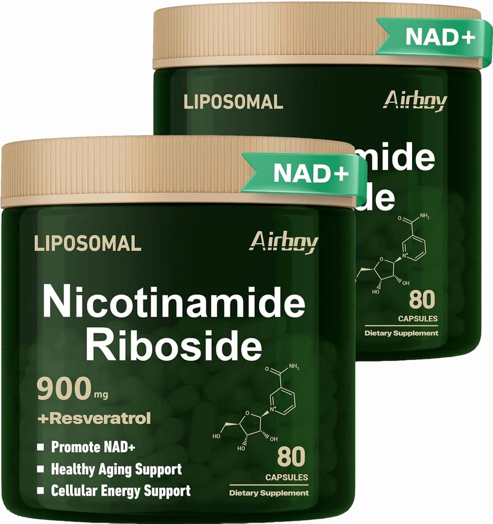 Airboy Liposomal Nicotinamide Riboside 900 mg, supplément NAD avec resvératrol, NMN Alternative NAD Booster Support Anti-Age, Énergie, Focus - 80 Capsulesx 2 Pack