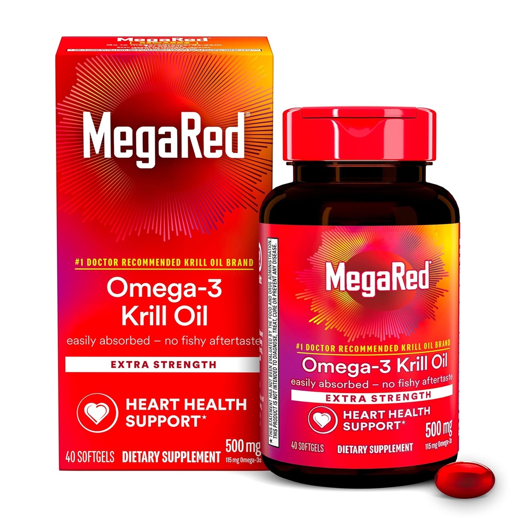 MegaRed Omega-3 Krill Oil 500mg Extra Strength softgels (40 Count in a Box) - Krill Oil No Fishy Aftertaste