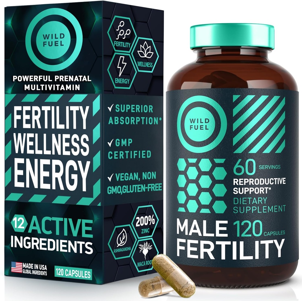 Suppléments de fertilité pour les hommes Vitamine prénatale - Maca Root, Ashwagandha, Zinc, Plus Naturals - Conception pour lui hommes Vitamines de fertilité et suppléments de soutien de la fertilité masculine - 120 capsules pour 2 mois