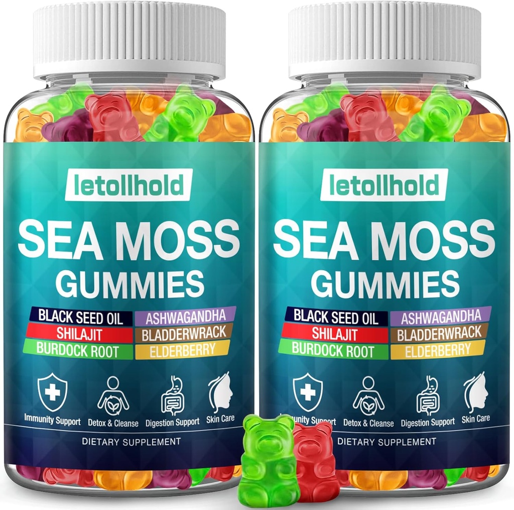 Gummies de la Mousse de Mer - Irish Sea Gummies avancé pour les adultes avec Ashwagandha Bladderwrack & Burdock Root pour les soutiens Immune,Energy - 60 Vegan Gummy,2PCS