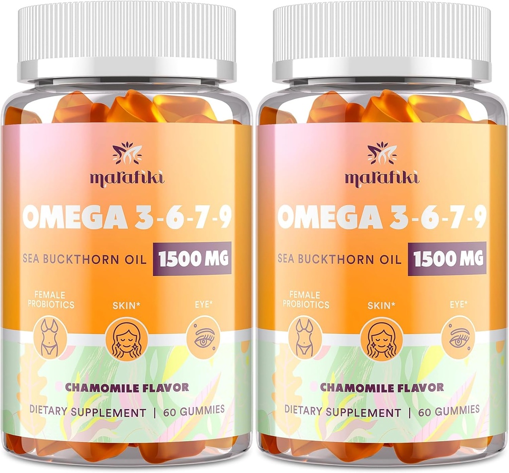 Omega-7 Huile de Buckthorn de mer Gommies, Omega 3 6 7 9 Supplément pour les femmes, Huile de lin, Vitamines E, A et probiotiques - peau, yeux et sécheresse, Camomille Flameur - 120 Gommies