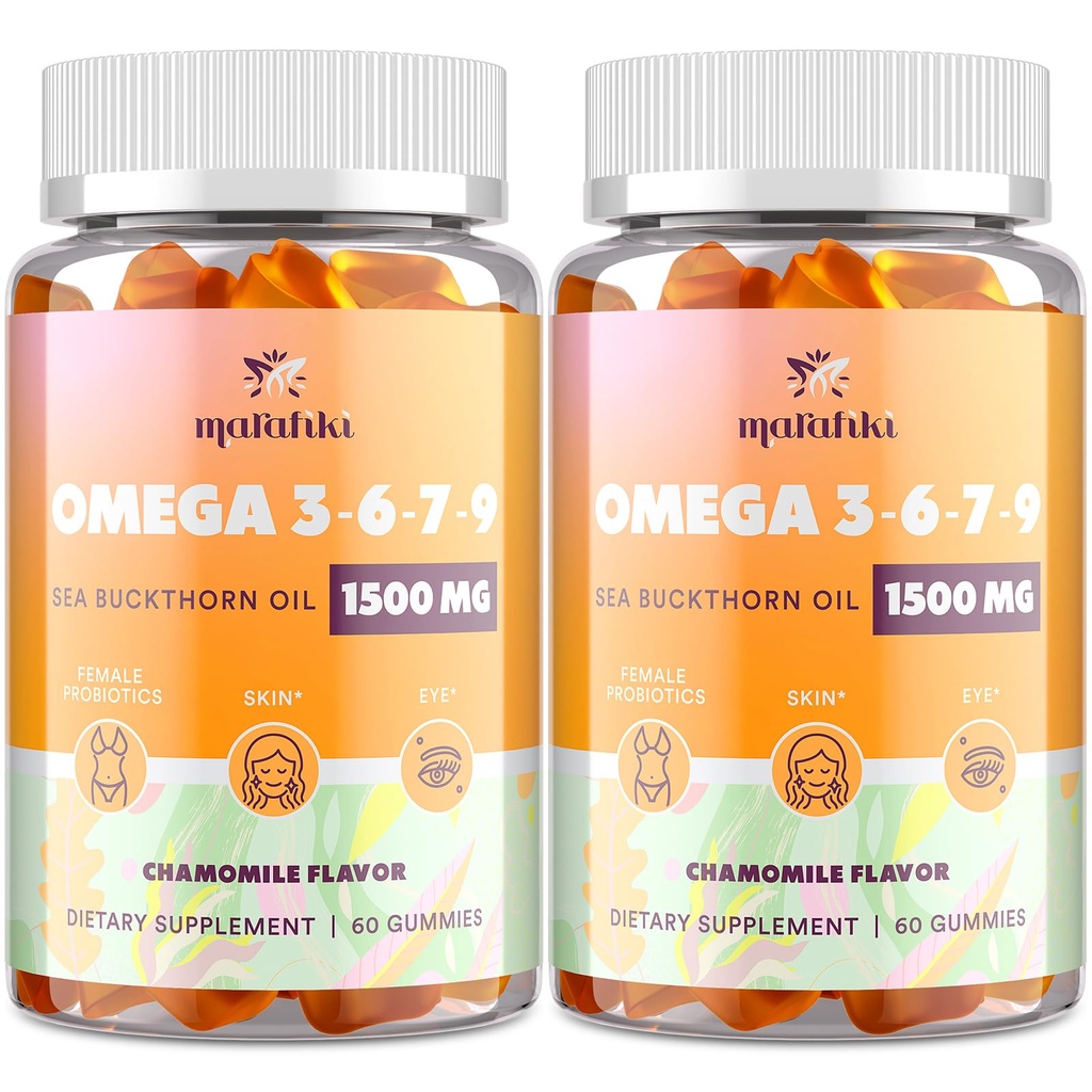 Omega-7 Huile de Buckthorn de mer Gommies, Omega 3 6 7 9 Supplément pour les femmes, Huile de lin, Vitamines E, A et probiotiques - peau, yeux et sécheresse, Camomille Flameur - 120 Gommies
