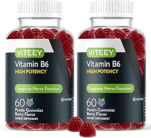 Viteey Vitamine B6 Gummies - Support énergie, nervosité et humeur - Vitamines B6 100mg - Vegan, sans gluten, sans OGM - 120 Compte