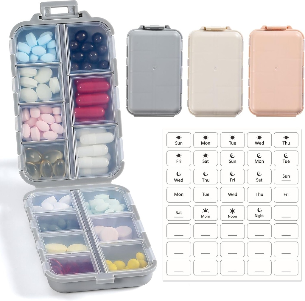 LANDNEOO 14 Grilles Pill Organizer Box with labels, Trousse de dispensateur de médicaments de voyage, Pocket Daily Pharmacie Contenant pour l'huile de poisson de stockage de supplément de vitamine, Khaki Rose Grey, 3 Pack