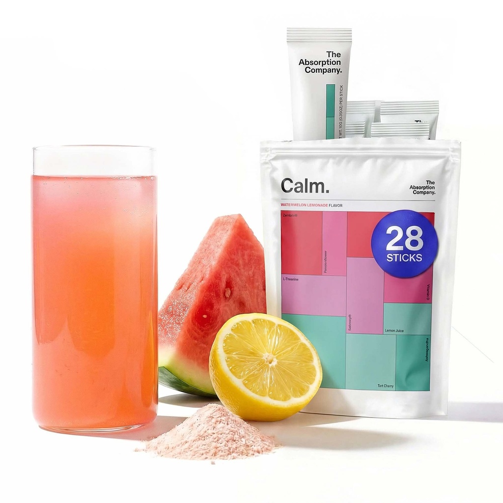 The Absorption Company Calm Powder - Magnesium Drink Mix Packets - 28PK | Vitamin-D,Cortisol Regulation for Men & Women, Mood Support with Ashwagandha & L-Theanine for Relaxation, Watermelon Lemonade