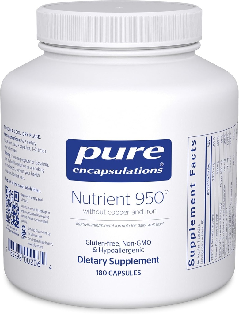 Encapsulations pures Nutrient 950 Sans Cuivre et Iron.Formule multivitamine/minérale hypoallergénique pour une santé optimale.