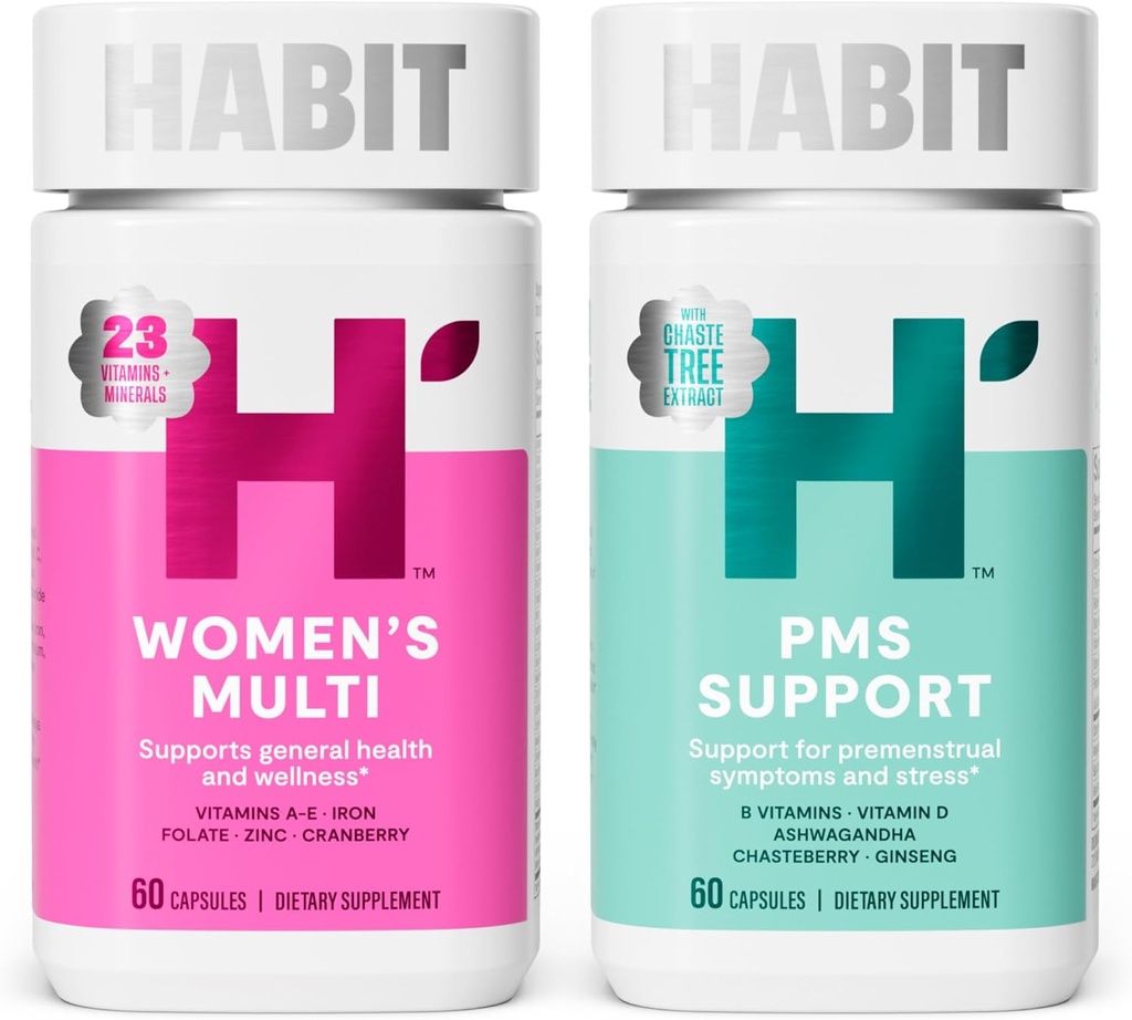 Habit in Sync Bundle - Multi femme (60 capsules) + Supplément de soutien PMS (60 capsules), soutient la santé générale et le bien-être, favorise une humeur saine, non OGM