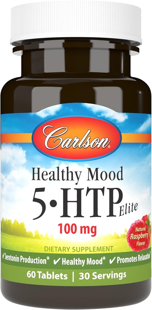Carlson Mood santé 5-HTP Elite 100 mg avec vitamine B6 - Supplément de soutien et de relaxation de l'humeur - Framboise à croquer - 60 comprimés