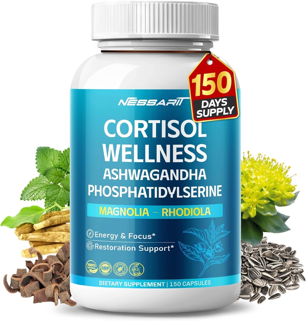 CORTISOL Wellness Ashwagandha 14-en-1 Mélange naturel avec Phosphatidylsérine Magnolia Rhodiola St. John's Wort Peppermint Bacopa - 150 Comte - Fabriqué et testé aux États-Unis