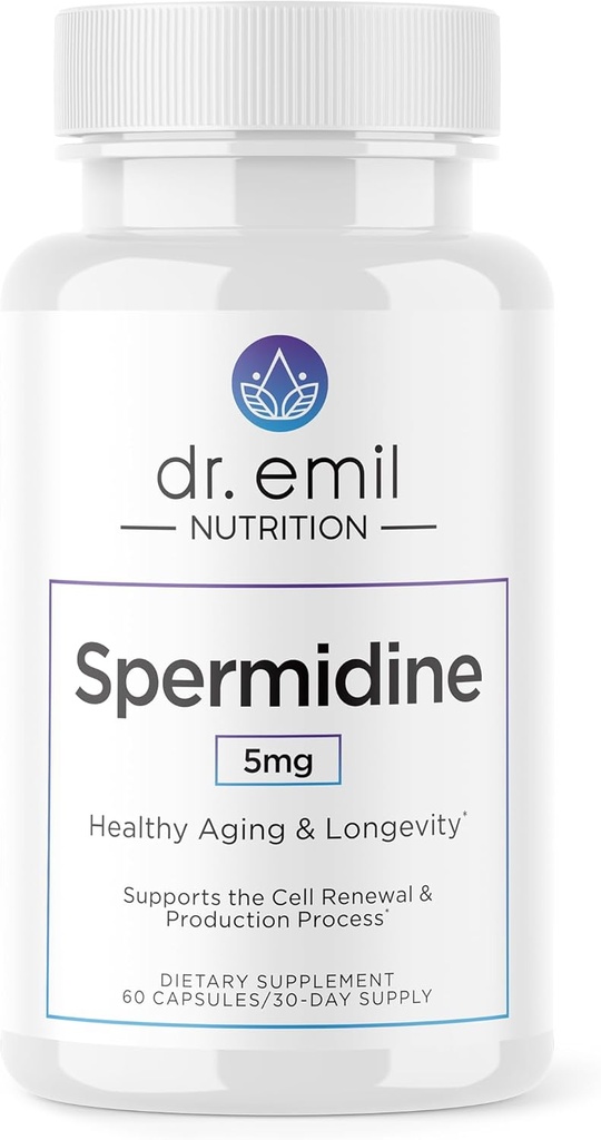 DR. EMIL NUTRIITION Hommes et femmes Spermidine 5mg Suppléments de vieillissement , Supplément de Spermidine pure 3HCL & Thiamin 20mg , 60 Capsules , 30 jours