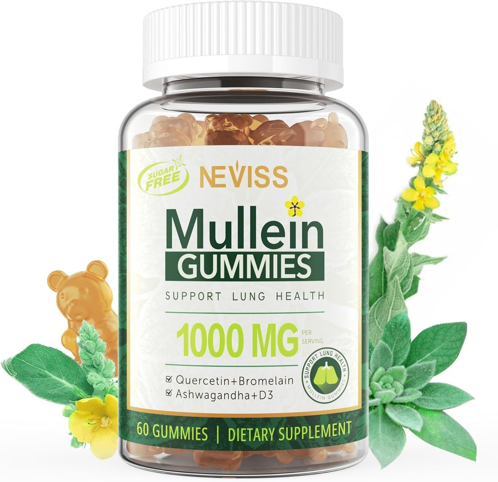 NEVISS Mullein Gummies pour les poumons, Extrait de feuille de Mullein biologique 1000mg pour le système respiratoire avec Quercetin & Bromelain, D3 pour le soutien digestif, Immune Booster, sans sucre, Vegan, 60 Compte
