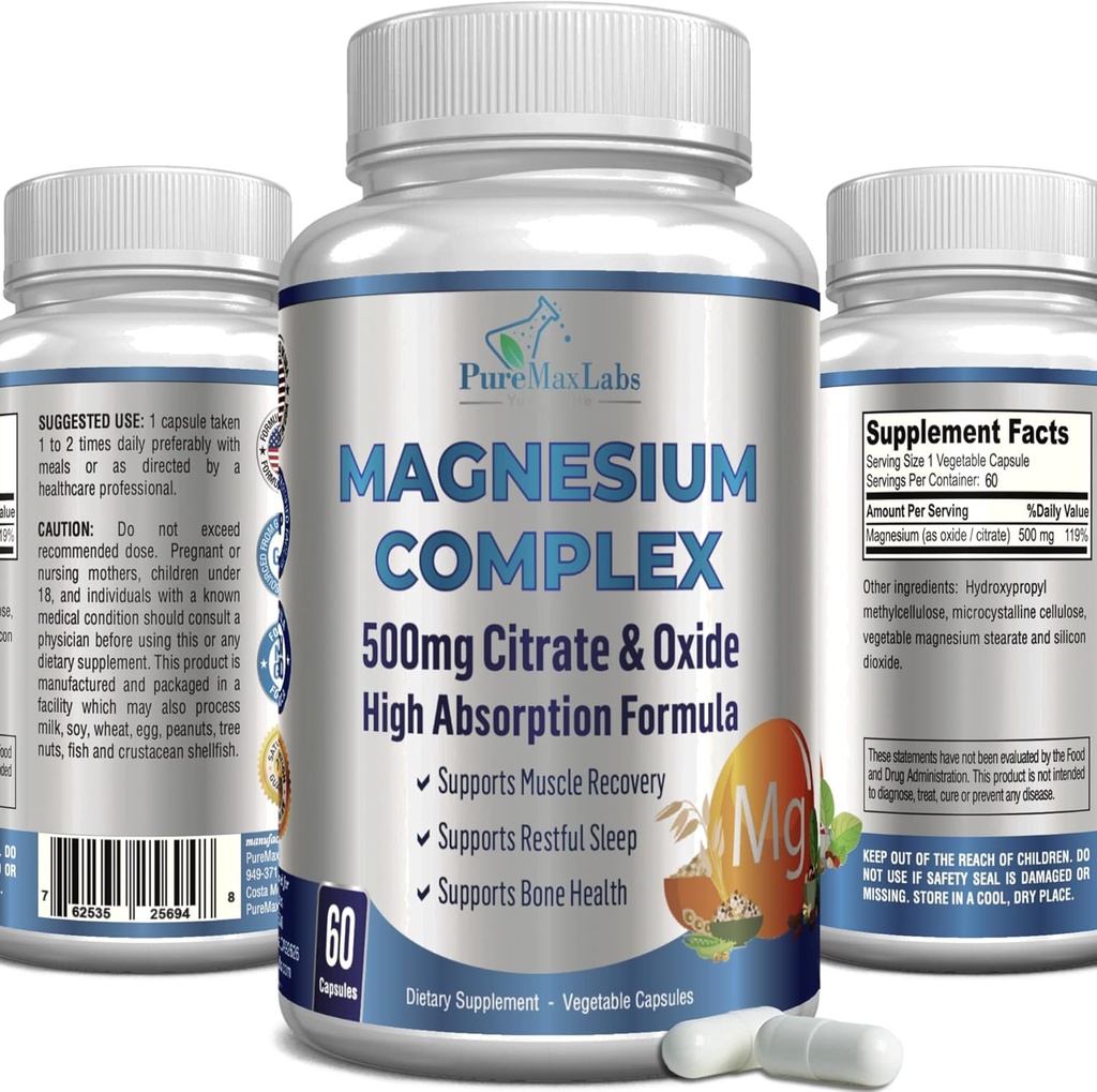Complexe de Citrate de Magnésium à haute absorption 500mg Citrate de Magnésium & Oxyde – Soutient le sommeil calme, le soulagement des crampes musculaires, la récupération musculaire, les dents et les os sains, non-OGM – 60 capsules végétales